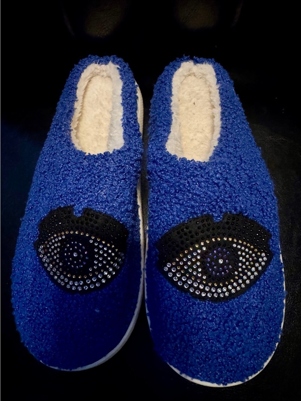 Cozy Blue Bouclé Slip-On Women's Slippers with Embellished Eye